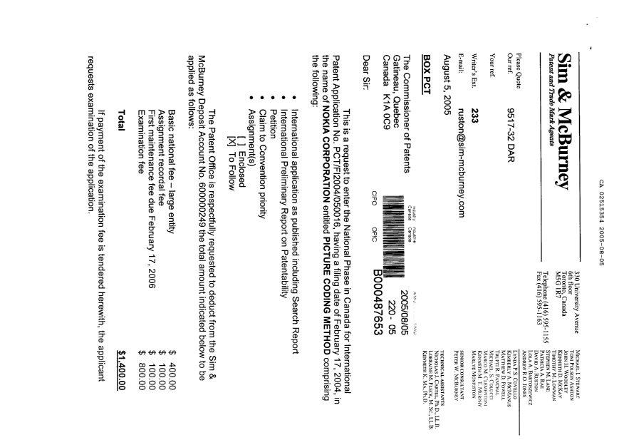 Document de brevet canadien 2515354. Cession 20050805. Image 1 de 3