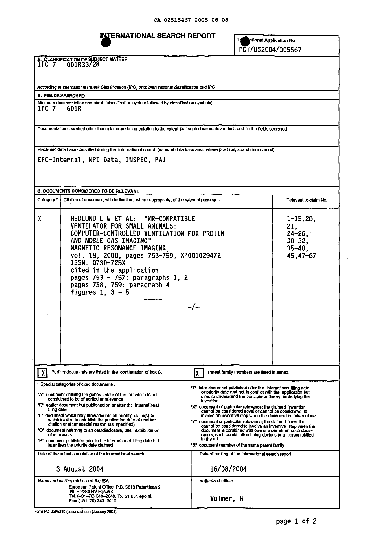 Document de brevet canadien 2515467. PCT 20050808. Image 1 de 3
