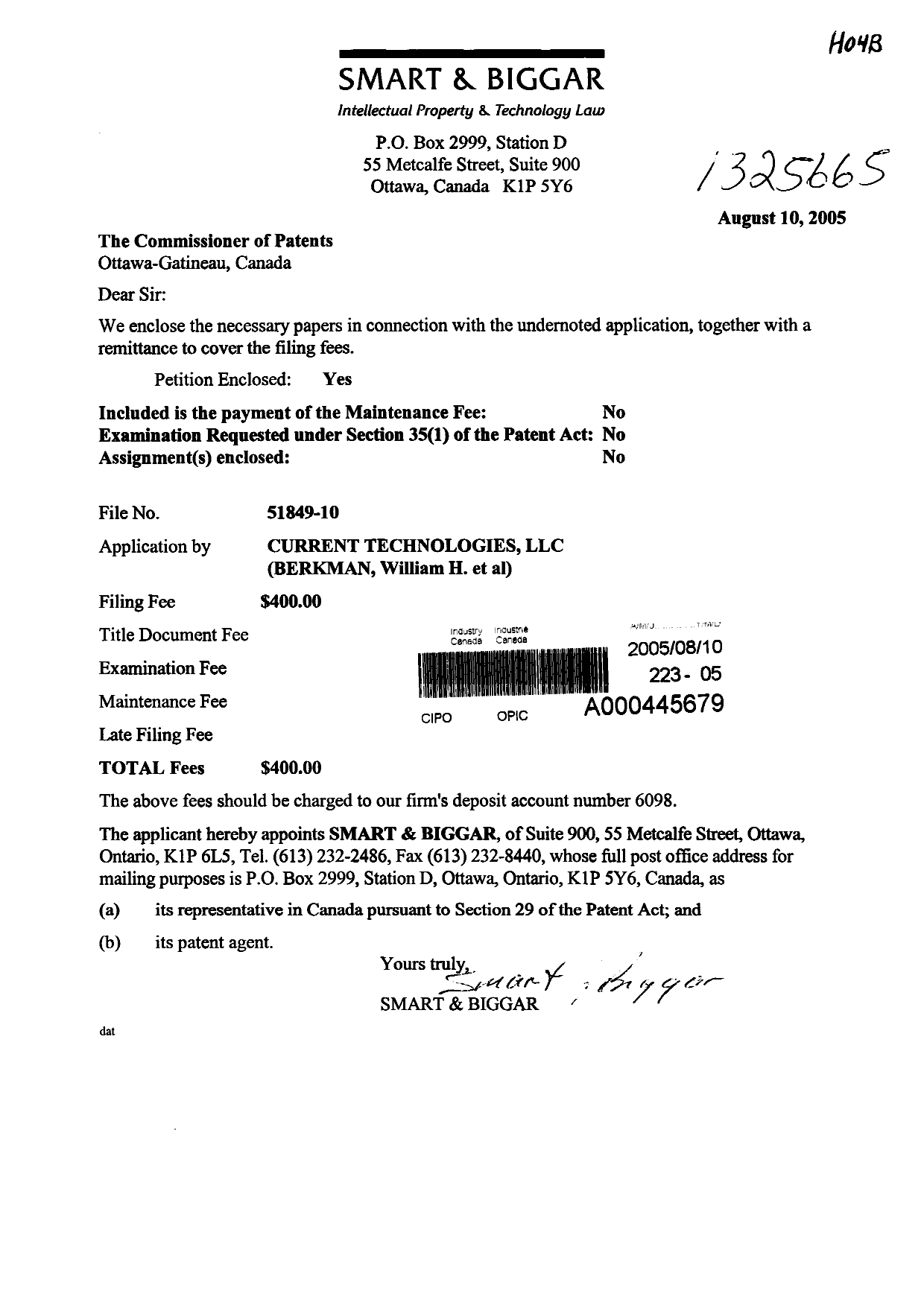 Document de brevet canadien 2515560. Cession 20050810. Image 1 de 2