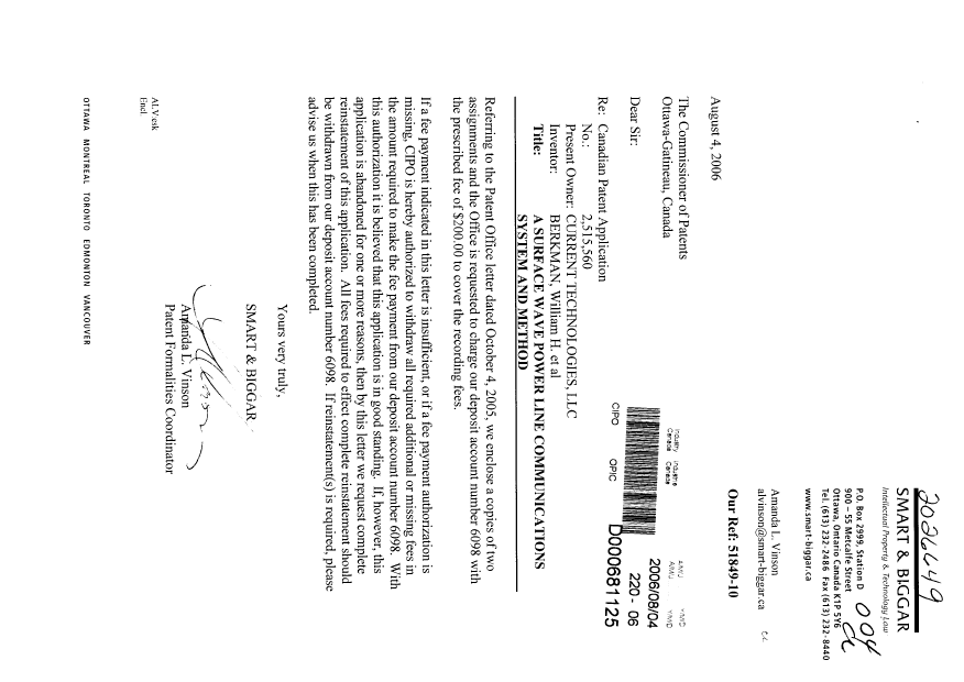 Document de brevet canadien 2515560. Cession 20060804. Image 1 de 6