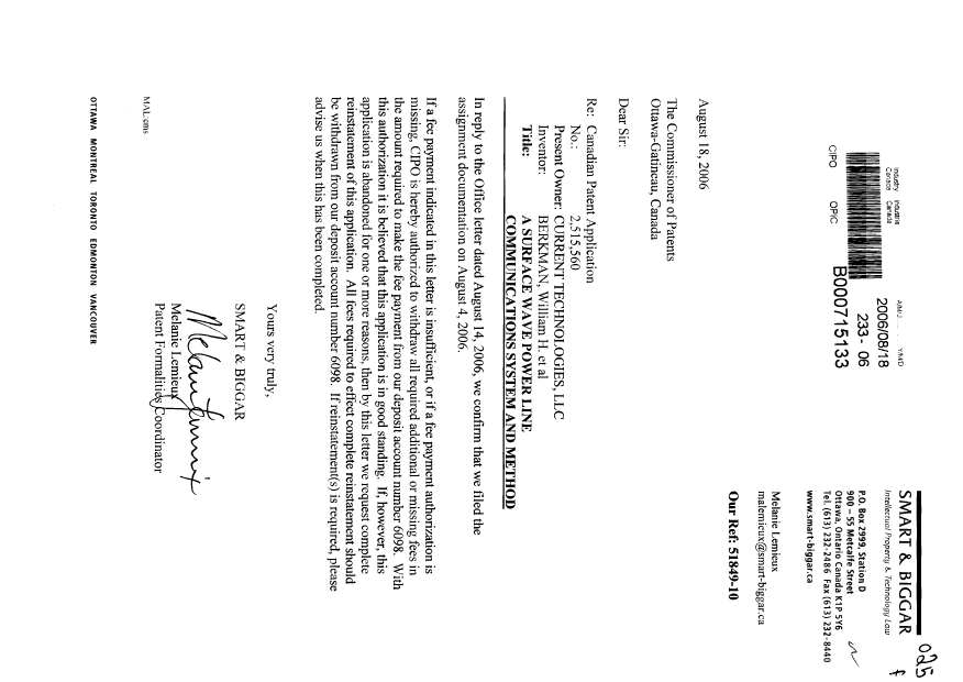 Document de brevet canadien 2515560. Cession 20060818. Image 1 de 1