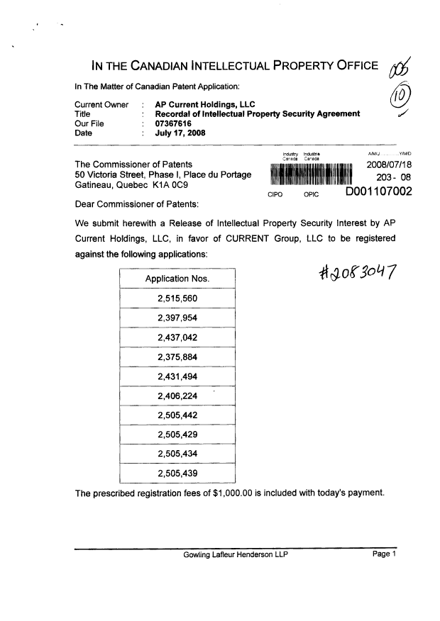 Document de brevet canadien 2515560. Cession 20080718. Image 1 de 54