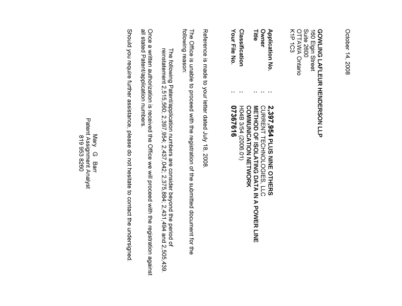 Document de brevet canadien 2515560. Correspondance 20081014. Image 1 de 1