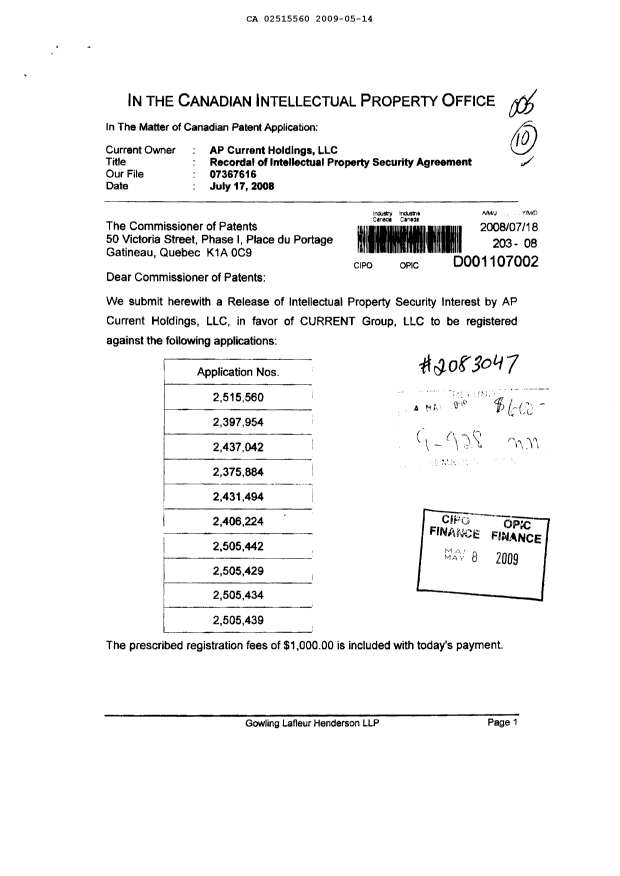 Document de brevet canadien 2515560. Cession 20090514. Image 2 de 5