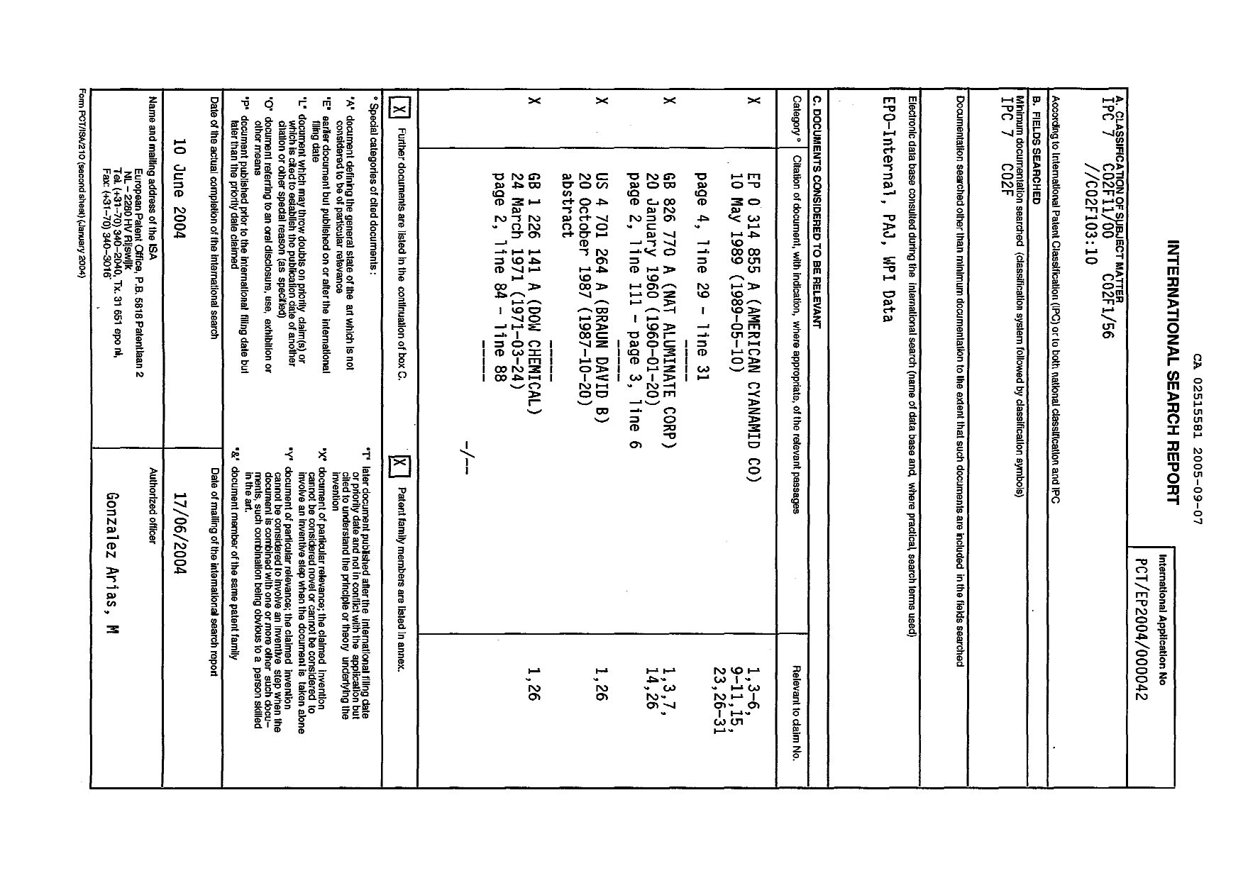 Document de brevet canadien 2515581. PCT 20041207. Image 1 de 3