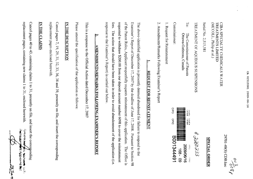 Document de brevet canadien 2515581. Poursuite-Amendment 20081216. Image 1 de 27