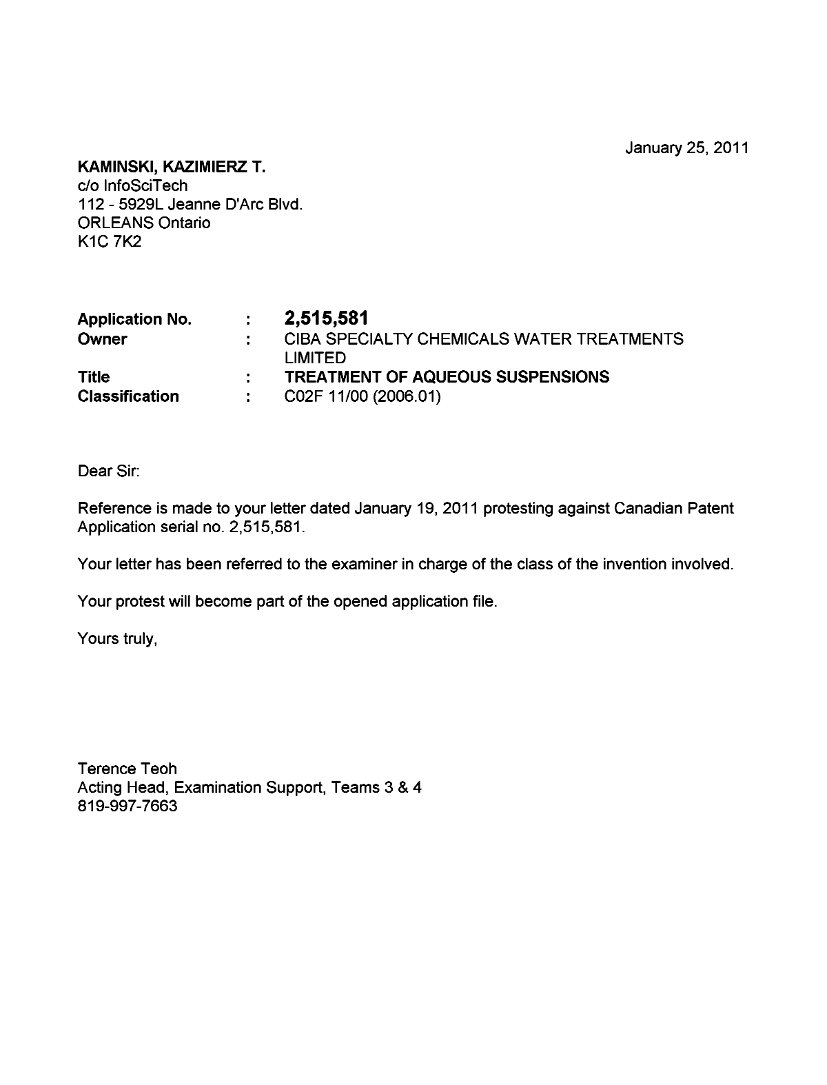 Document de brevet canadien 2515581. Poursuite-Amendment 20101225. Image 2 de 2