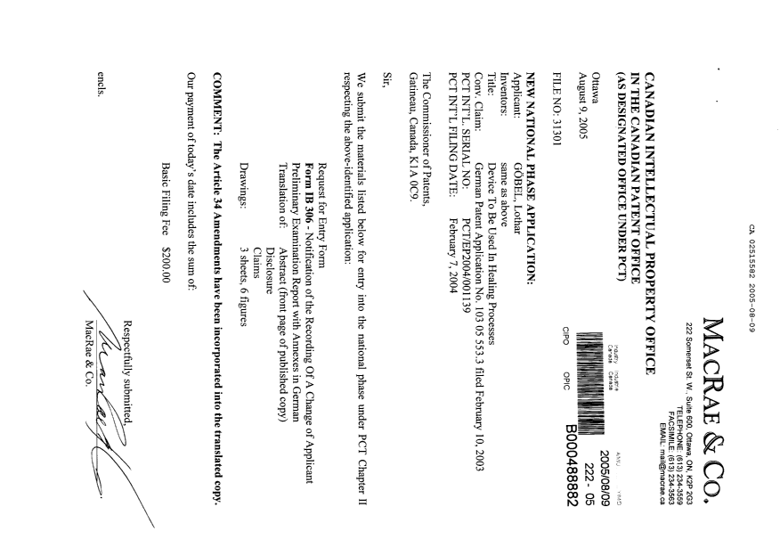 Canadian Patent Document 2515582. Assignment 20050809. Image 1 of 3