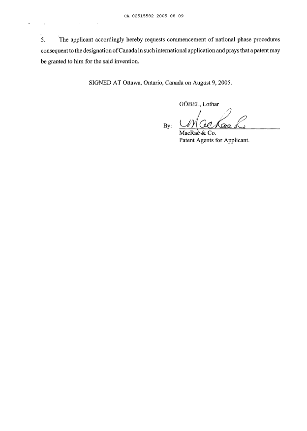 Document de brevet canadien 2515582. Cession 20050809. Image 3 de 3