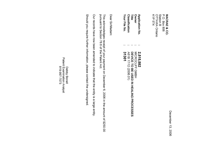 Document de brevet canadien 2515582. Correspondance 20061213. Image 1 de 1
