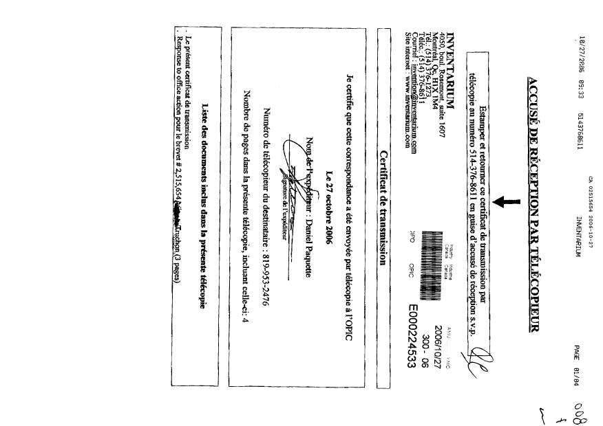 Canadian Patent Document 2515654. Prosecution-Amendment 20061027. Image 1 of 4