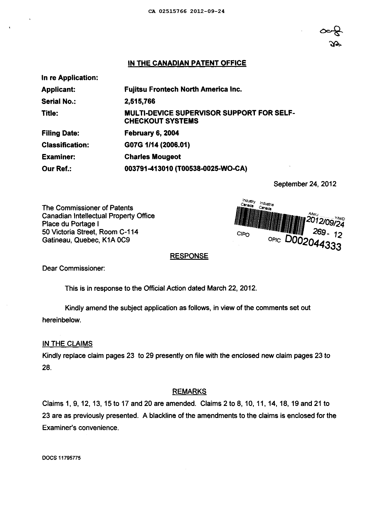 Canadian Patent Document 2515766. Prosecution-Amendment 20120924. Image 1 of 17