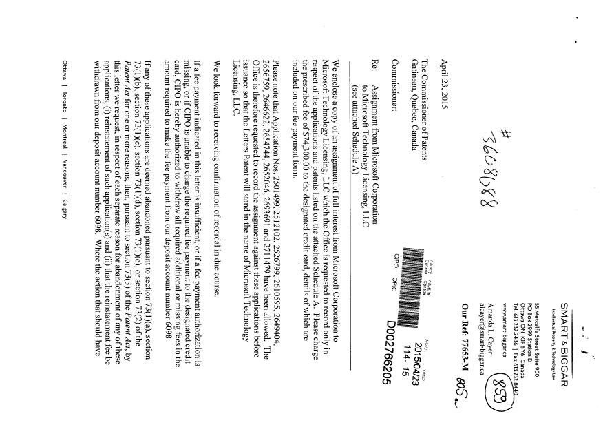 Document de brevet canadien 2516102. Cession 20150423. Image 1 de 43