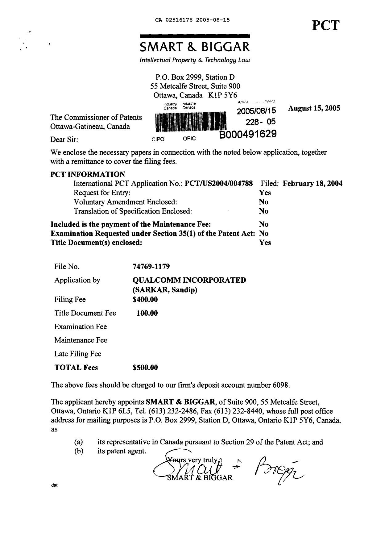 Document de brevet canadien 2516176. Cession 20050815. Image 1 de 7