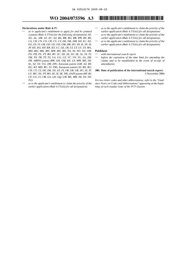 Document de brevet canadien 2516176. Abrégé 20050815. Image 2 de 2