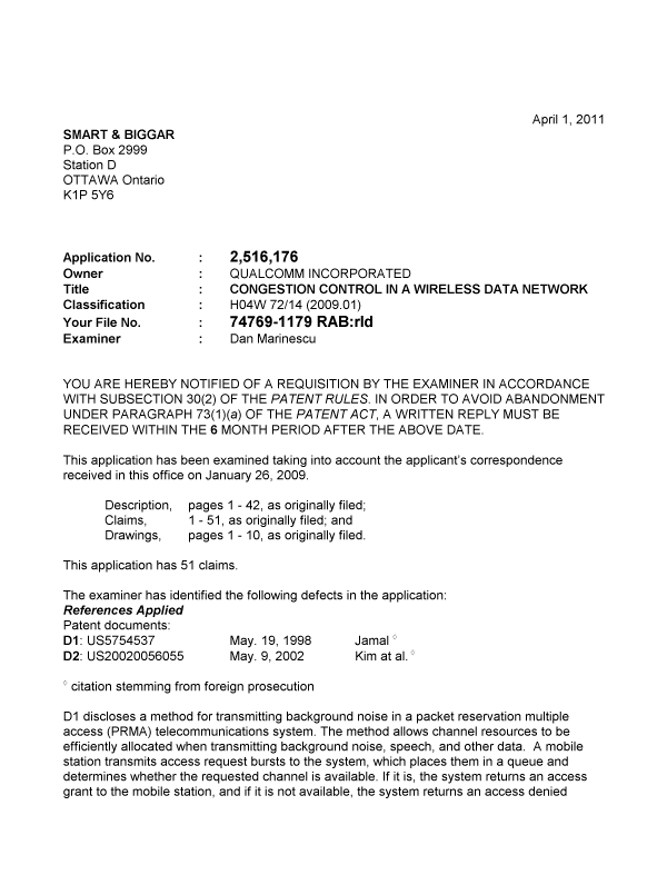 Canadian Patent Document 2516176. Prosecution-Amendment 20110401. Image 1 of 4