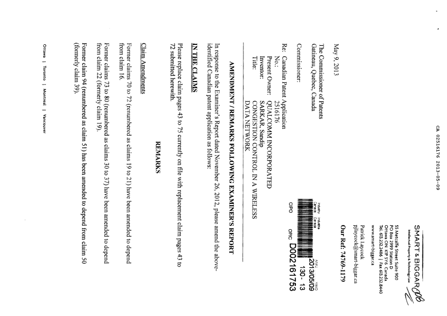 Document de brevet canadien 2516176. Poursuite-Amendment 20130509. Image 1 de 34