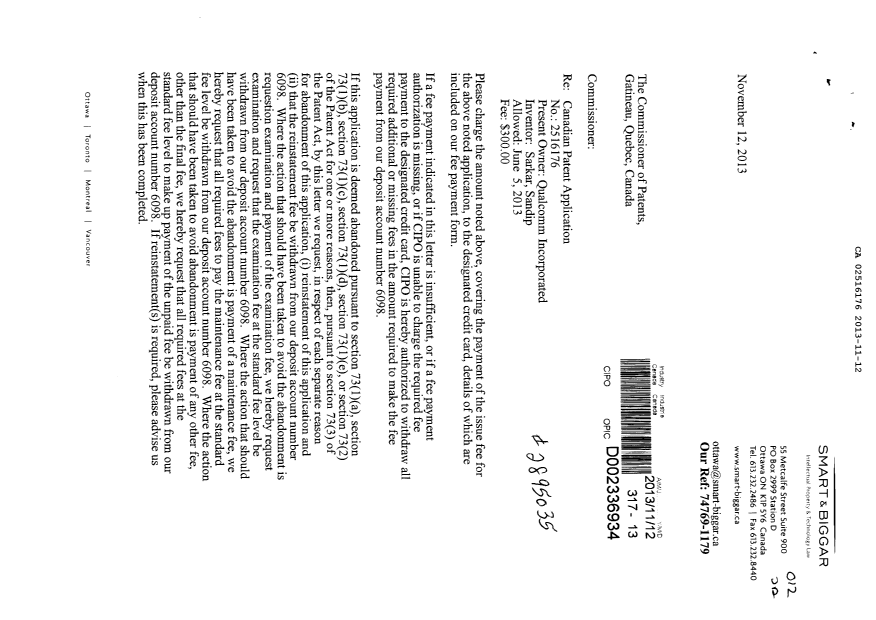 Document de brevet canadien 2516176. Correspondance 20131112. Image 1 de 2