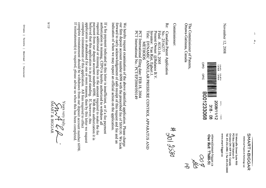 Document de brevet canadien 2516277. Poursuite-Amendment 20081112. Image 1 de 1