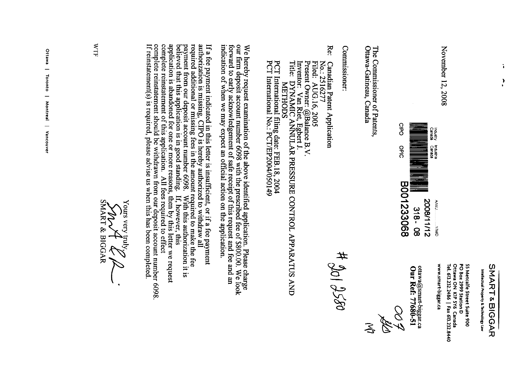 Canadian Patent Document 2516277. Prosecution-Amendment 20081112. Image 1 of 1