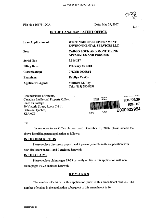 Document de brevet canadien 2516287. Poursuite-Amendment 20061229. Image 1 de 13