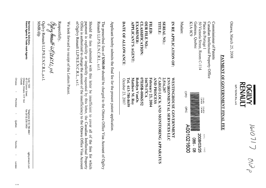 Document de brevet canadien 2516287. Correspondance 20080325. Image 1 de 1