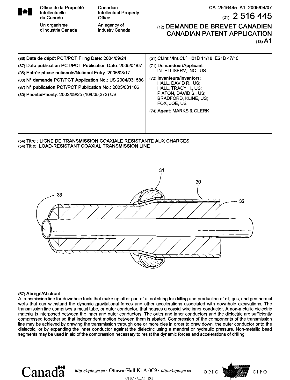 Document de brevet canadien 2516445. Page couverture 20051021. Image 1 de 1