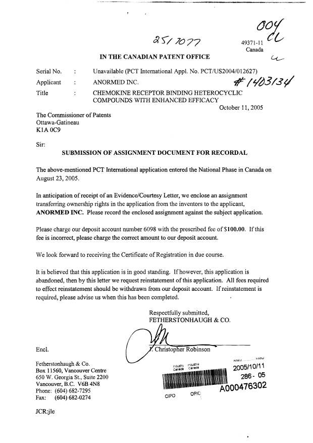 Document de brevet canadien 2517077. Cession 20051011. Image 1 de 6
