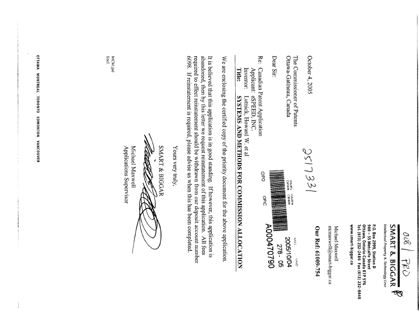 Document de brevet canadien 2517331. Correspondance de la poursuite 20051004. Image 1 de 1