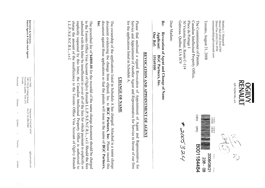 Document de brevet canadien 2517331. Correspondance 20080821. Image 1 de 6