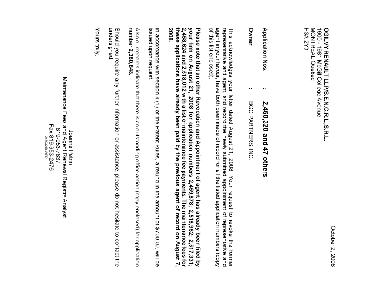 Document de brevet canadien 2517331. Correspondance 20081002. Image 1 de 1