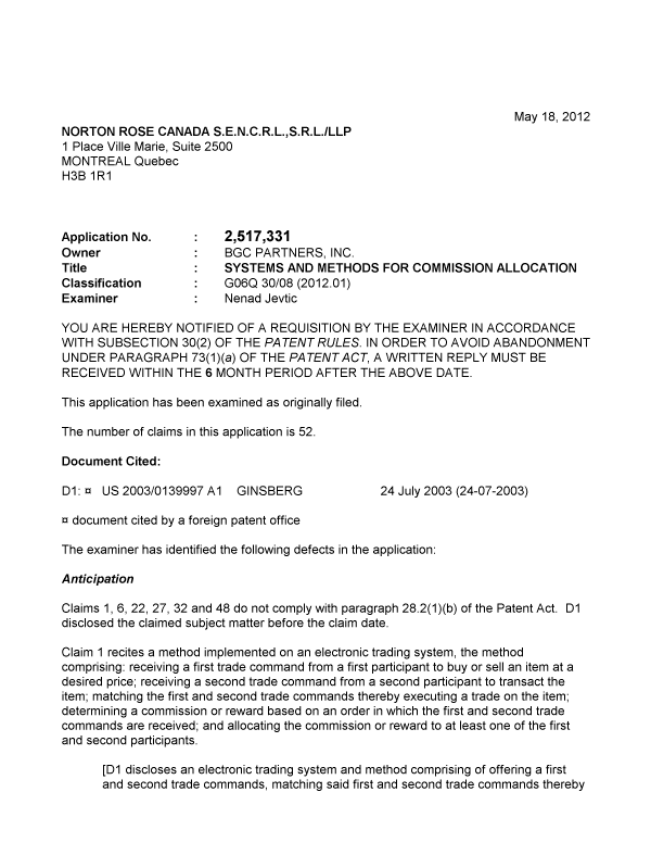 Canadian Patent Document 2517331. Prosecution-Amendment 20120518. Image 1 of 3