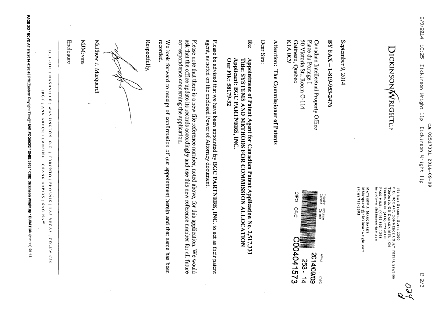 Document de brevet canadien 2517331. Correspondance 20140909. Image 1 de 3