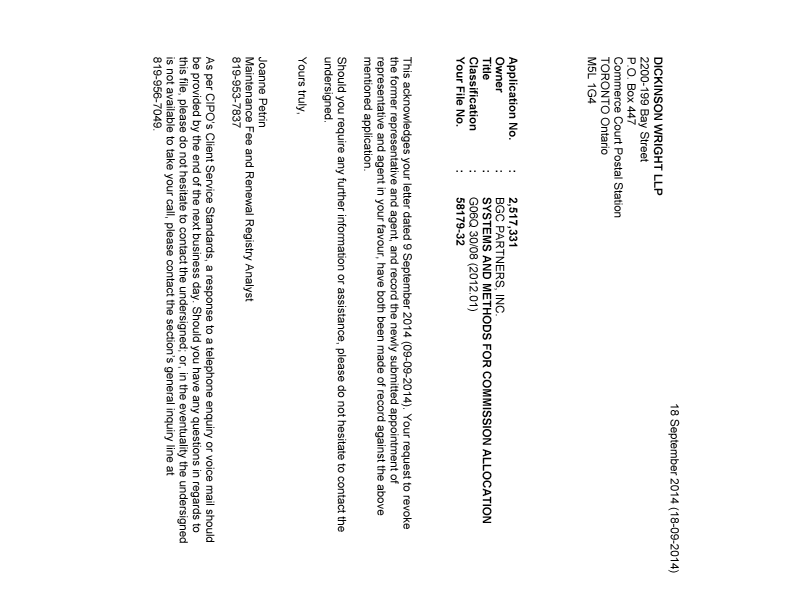Document de brevet canadien 2517331. Correspondance 20140918. Image 1 de 1