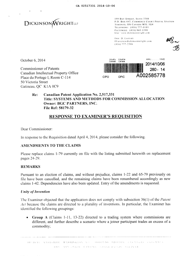 Canadian Patent Document 2517331. Prosecution-Amendment 20141006. Image 1 of 9