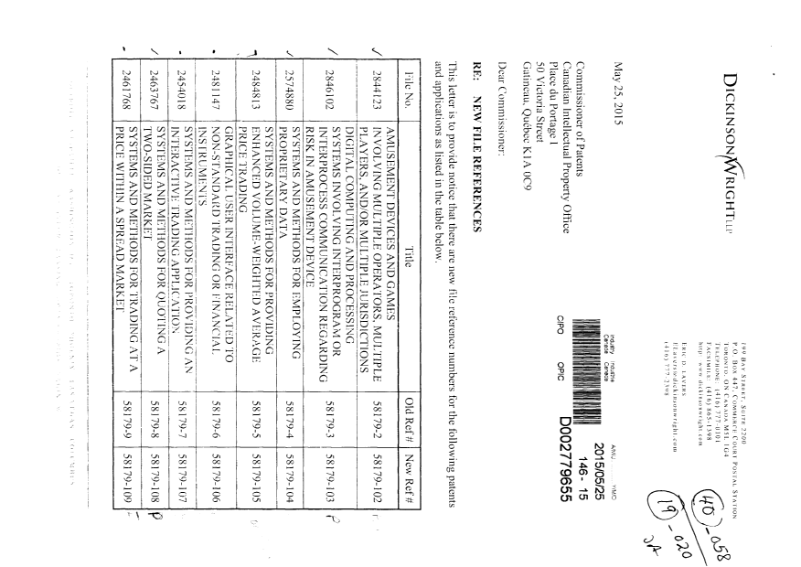 Document de brevet canadien 2517331. Correspondance 20150525. Image 1 de 5