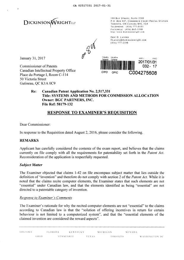 Canadian Patent Document 2517331. Amendment 20170131. Image 1 of 8