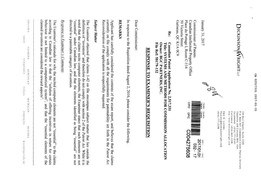 Document de brevet canadien 2517331. Modification 20170131. Image 1 de 8