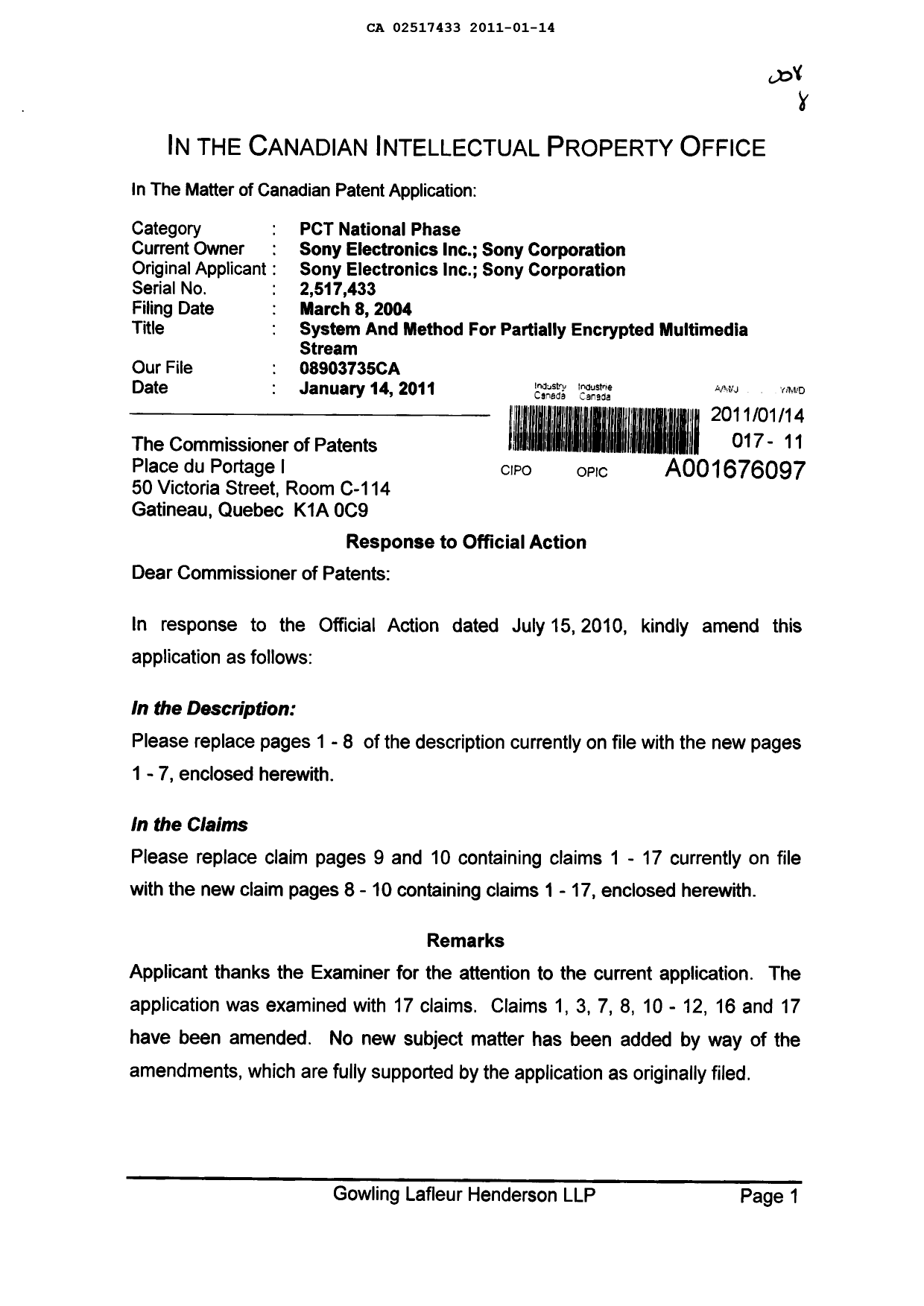 Canadian Patent Document 2517433. Prosecution-Amendment 20110114. Image 1 of 17