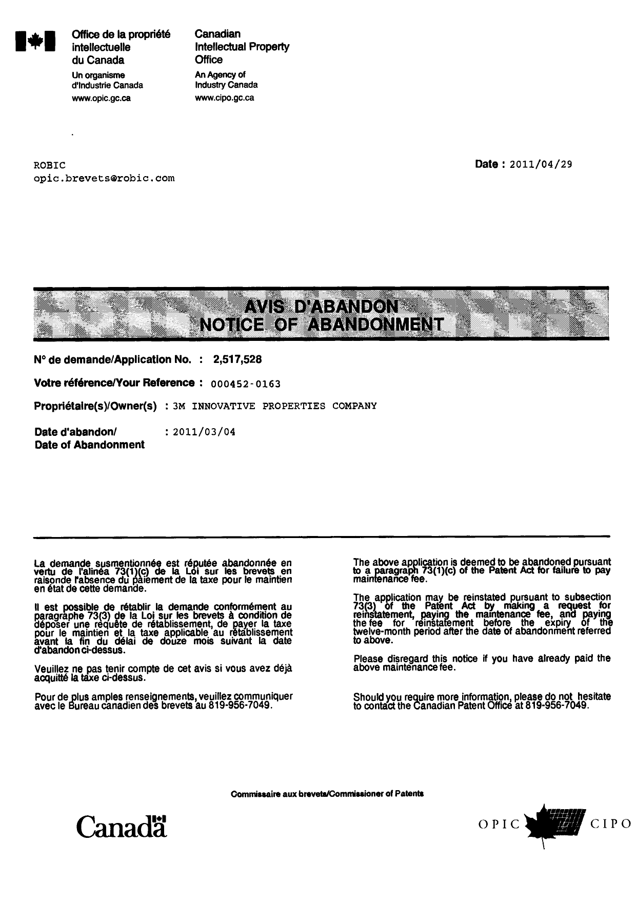 Document de brevet canadien 2517528. Correspondance 20110429. Image 1 de 1