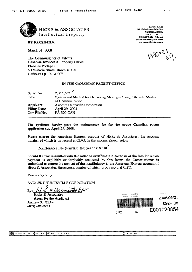 Canadian Patent Document 2517603. Fees 20080331. Image 1 of 2