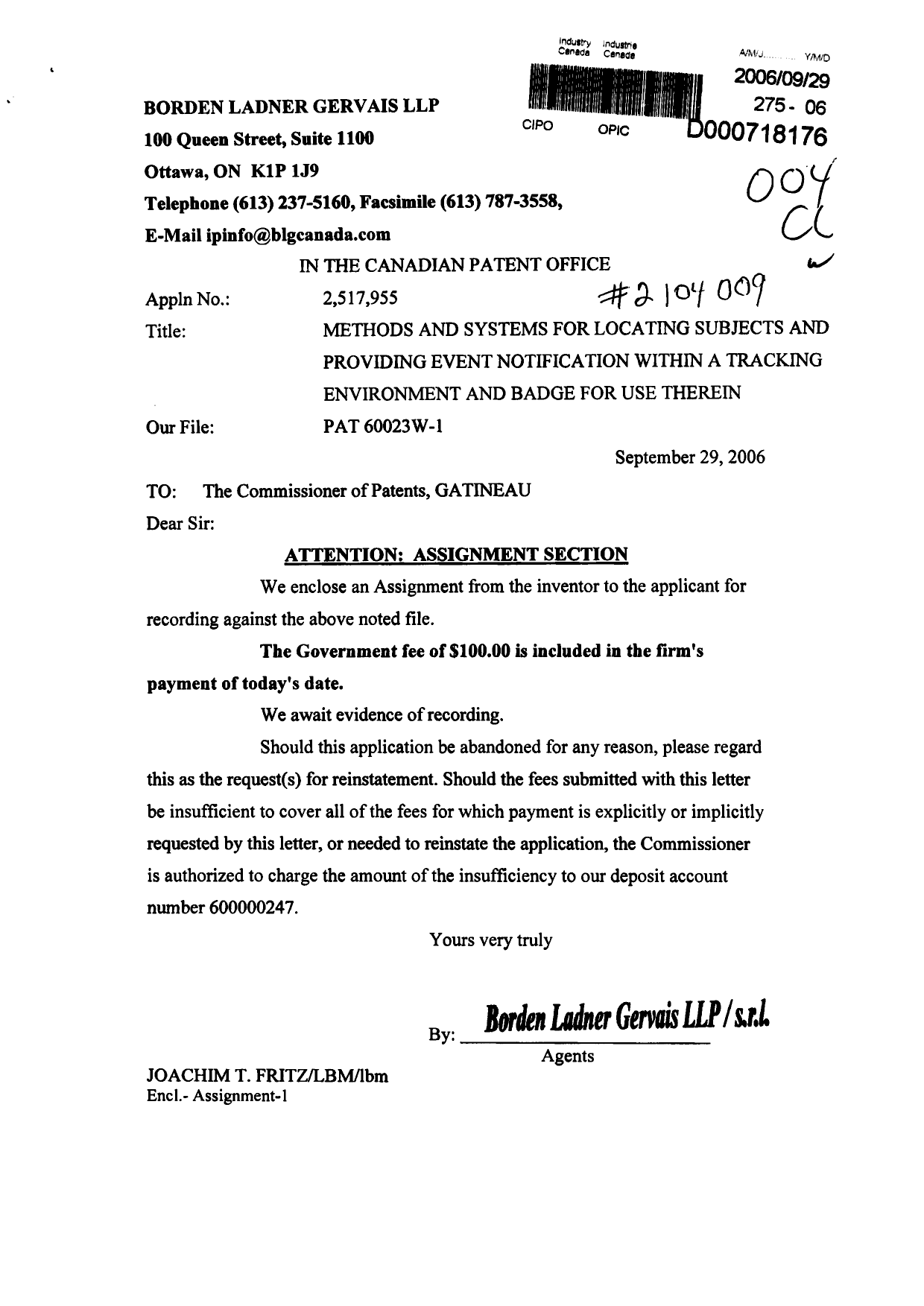 Document de brevet canadien 2517955. Cession 20060929. Image 1 de 4