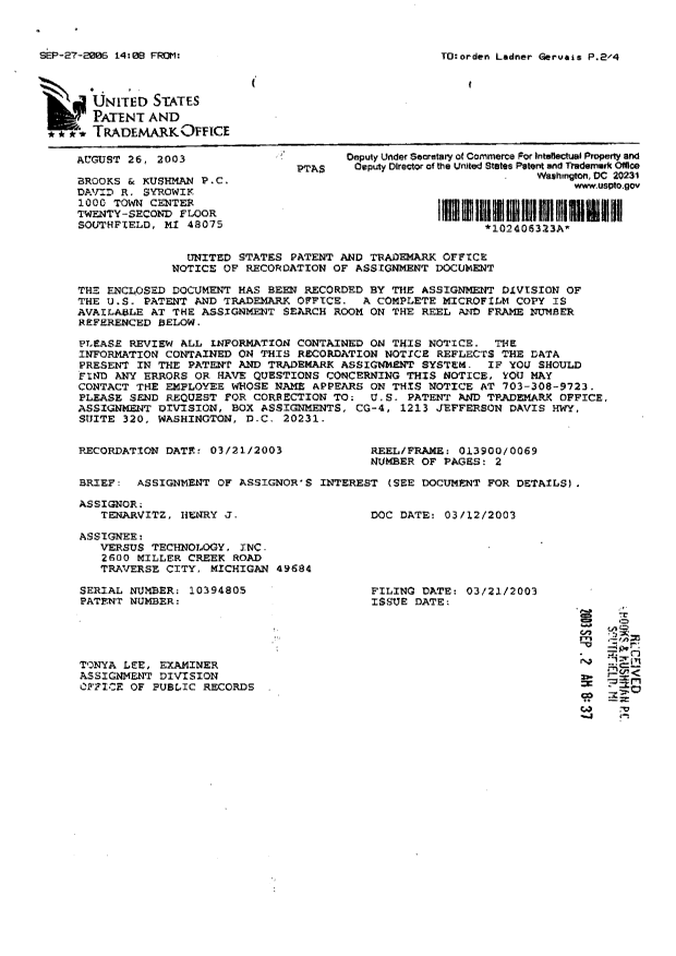 Document de brevet canadien 2517955. Cession 20060929. Image 2 de 4