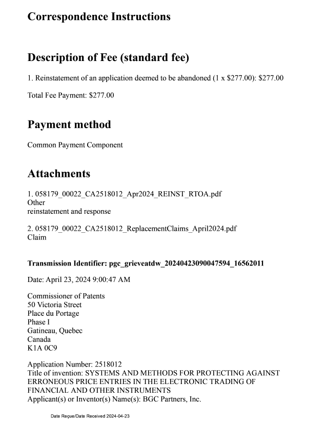 Canadian Patent Document 2518012. Reinstatement 20240423. Image 2 of 31