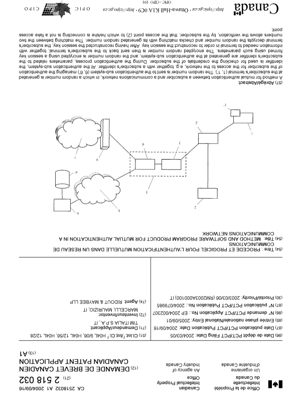 Canadian Patent Document 2518032. Cover Page 20051103. Image 1 of 1