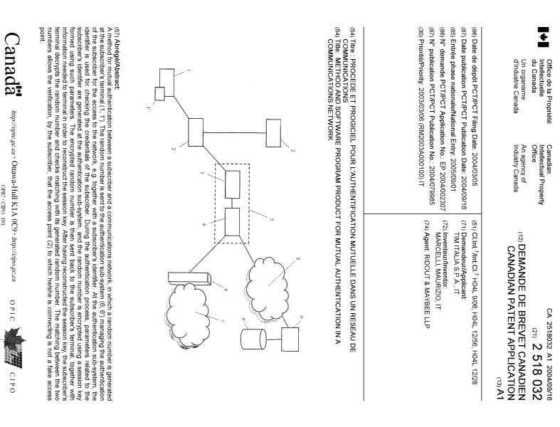 Document de brevet canadien 2518032. Page couverture 20051103. Image 1 de 1