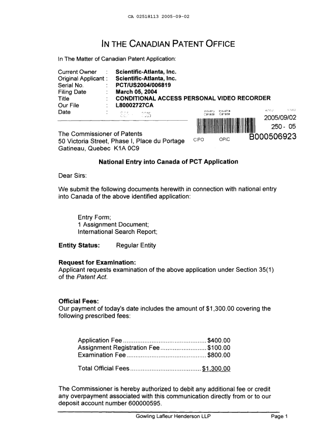 Document de brevet canadien 2518113. Cession 20050902. Image 1 de 9
