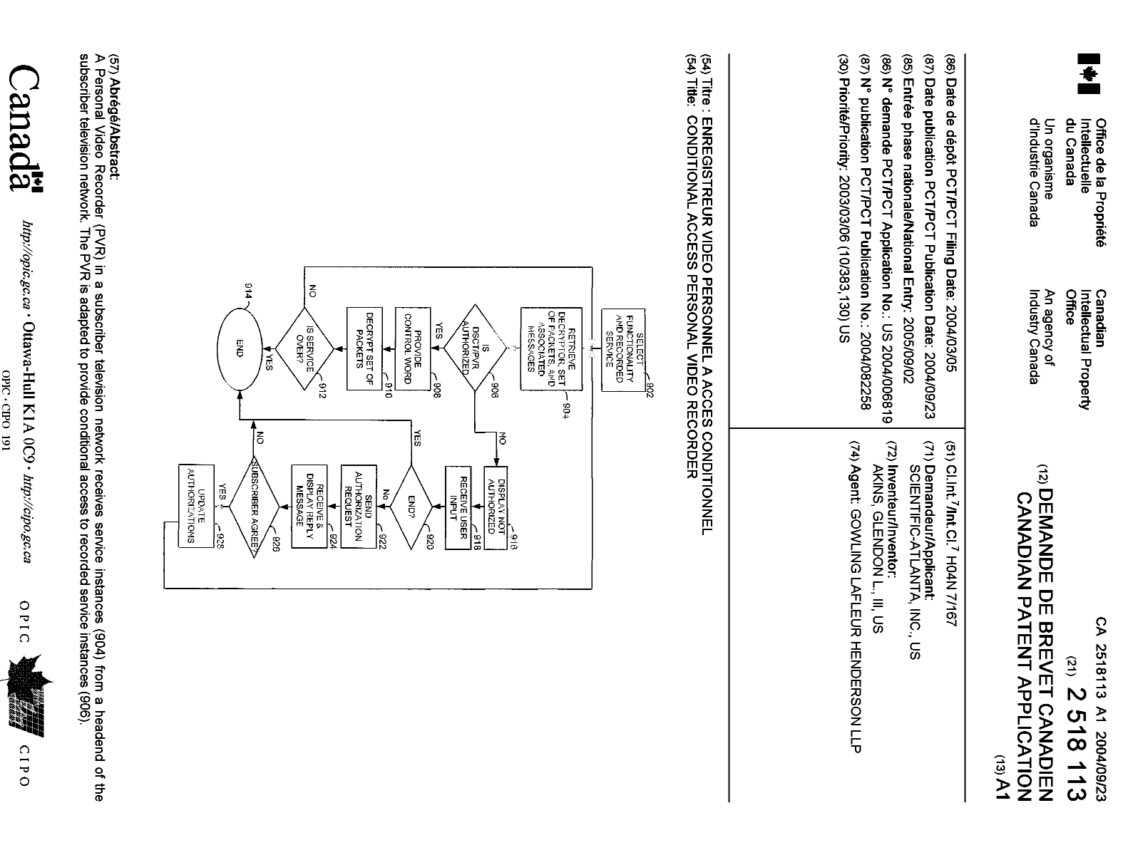 Canadian Patent Document 2518113. Cover Page 20051103. Image 1 of 1