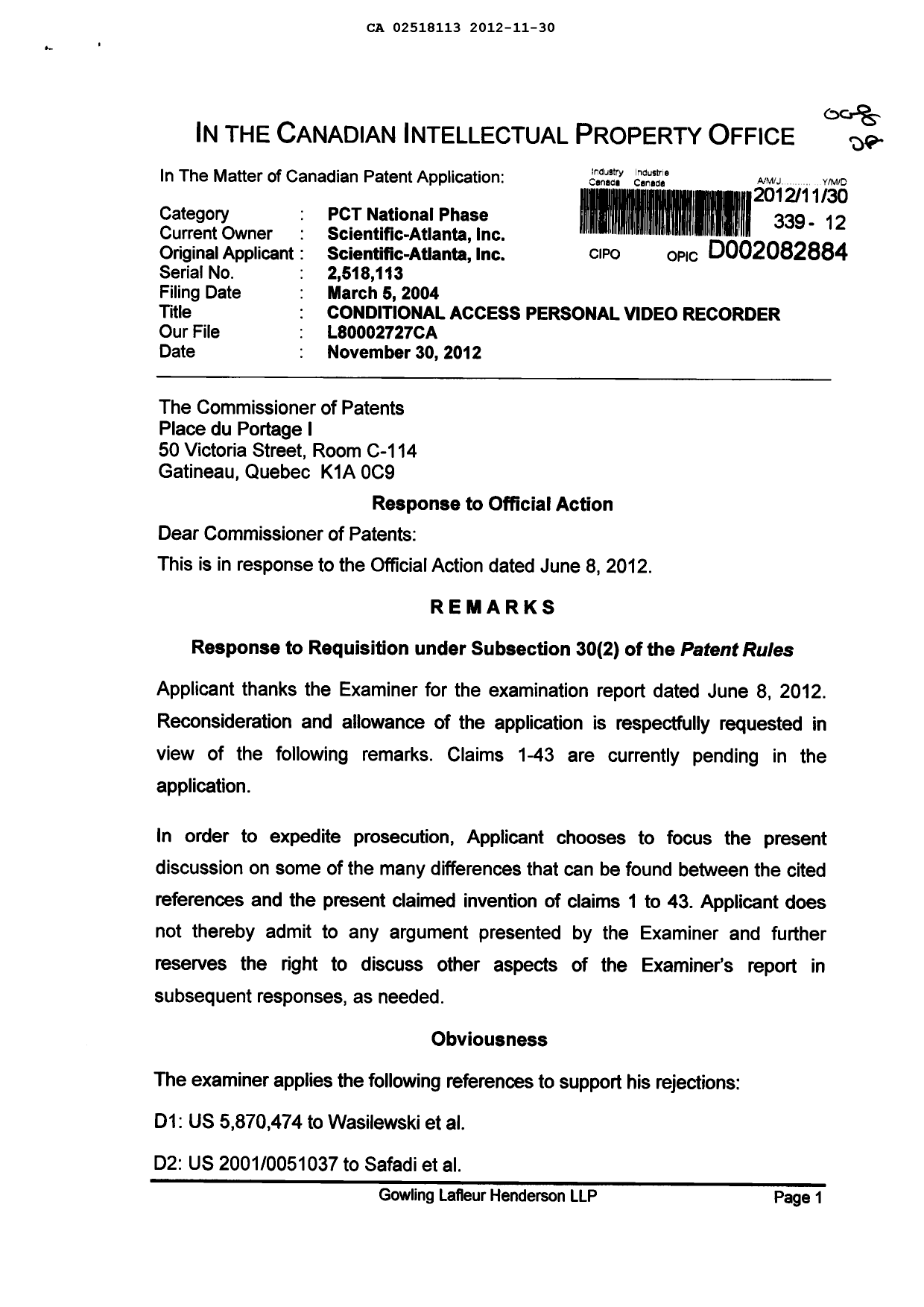 Document de brevet canadien 2518113. Poursuite-Amendment 20121130. Image 1 de 5