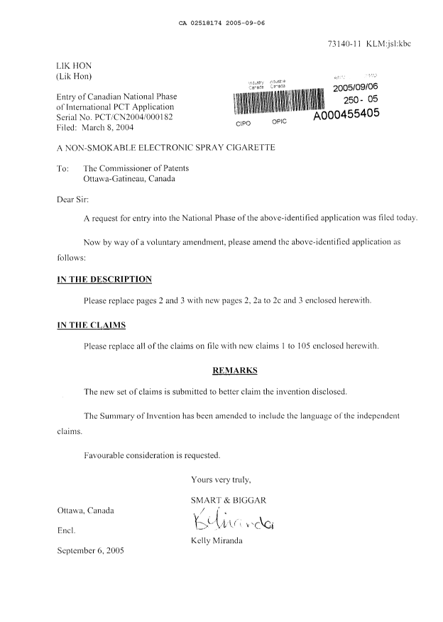 Document de brevet canadien 2518174. Poursuite-Amendment 20050906. Image 1 de 21